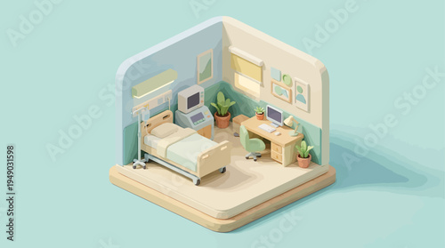 Isometric hospital room illustration with medical equipment and a desk