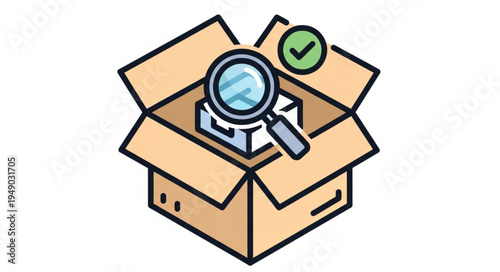 Magnifying glass over open cardboard box with checkmark.