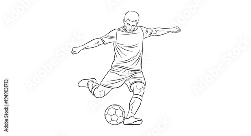 Soccer Player Kicking Ball Line Art Style.