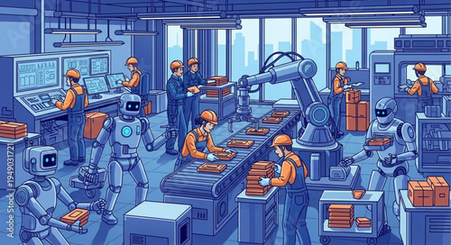 Robots and people working together in a modern factory setting.