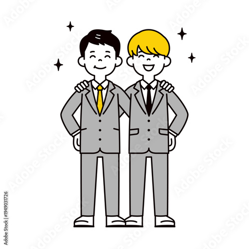 笑顔で肩を組む、若い2人のビジネスマン・会社員・同僚のシンプルな全身ベクターイラスト素材
