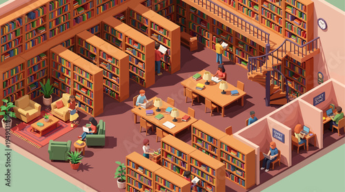 Cozy Isometric Library Interior with People Reading and Studying Amongst Shelves of Books