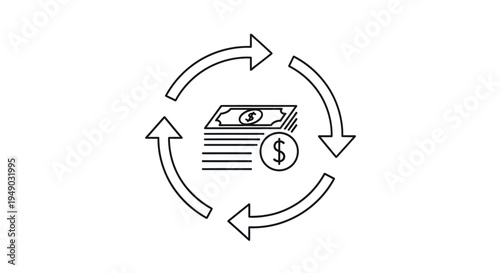Money circulation finance icon in minimalist line style with arrows in black and white for business Isolated on white background