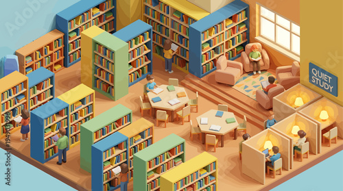 Isometric library interior bustling with students actively engaged in focused individual and group study. Colorful bookshelves create an inspiring learning environment for knowledge exploration