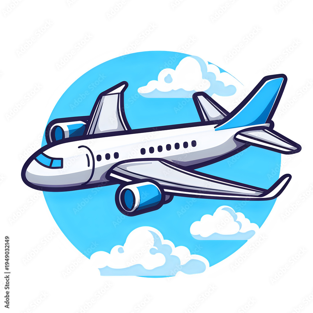 Naklejka premium A vibrant cartoon illustration of a passenger airplane flying through the blue sky with clouds isolated on transparent background