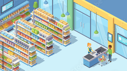 Isometric illustration of a supermarket interior with aisles, shelves stocked with products, and customers at the checkout counter