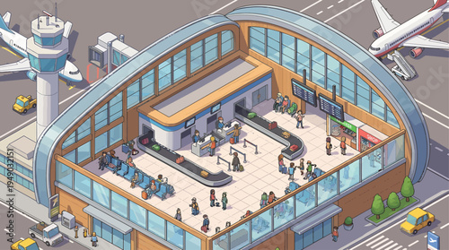 Airport terminal interior with passengers, baggage claim, and control tower view