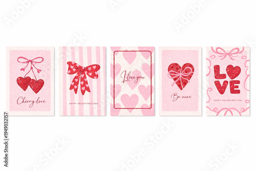Valentine's Day Greeting Card Set with Coquette Aesthetic, Red Hearts, and Pink Bows