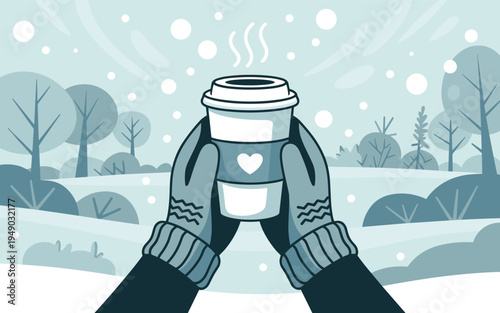 Cozy winter scene with steaming coffee cup