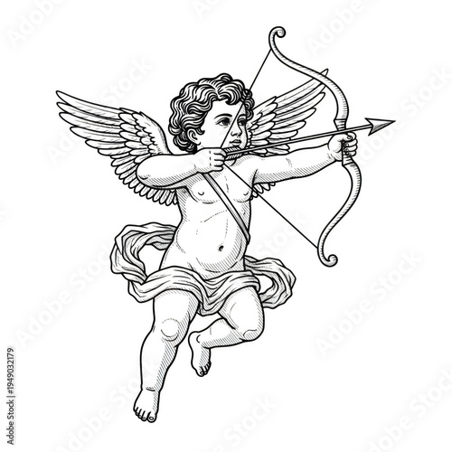 A cherub is aiming a bow and arrow in a classic illustration isolated on transparent background