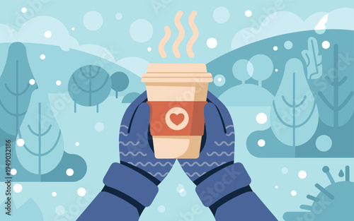 Cozy winter scene with mittens holding a cup of hot beverage
