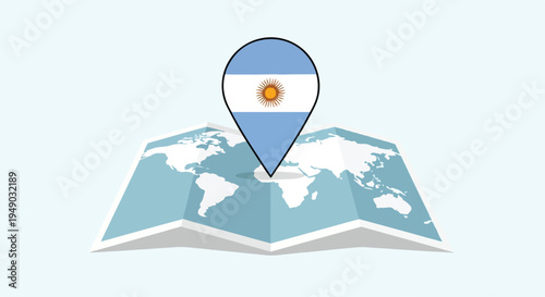 Illustration of a map with a location pin marking Argentina on a world map with a blue and white color scheme.