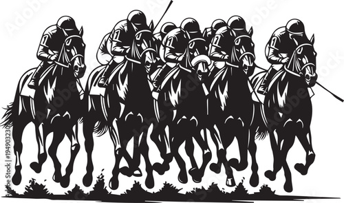 Group of jockeys and racehorses vector silhouette illustration, dynamic racing line art
