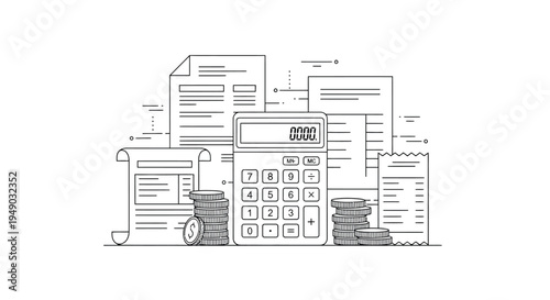 Stack of business documents with calculator in minimalistic line art for finance and accounting Isolated on white background