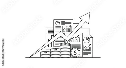 Increasing financial growth with documents and coins in line art style for business finance Isolated on white background