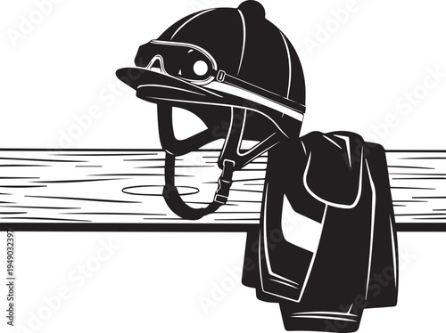 Jockey helmet and silks vector illustration silhouette hanging on paddock wooden fence art