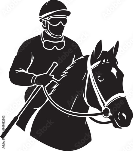 Jockey and racehorse vector silhouette illustration, equestrian line art design