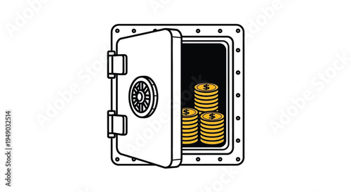 Open safe with gold coins inside in simple line art in black and white color for finance and banking Isolated on white background