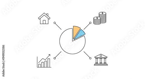 Financial investment analysis with pie chart and business icons in simple line style for business presentation Isolated on white background