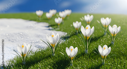 White crocus flowers growing in green grass with melting snow in springtime landscape scene