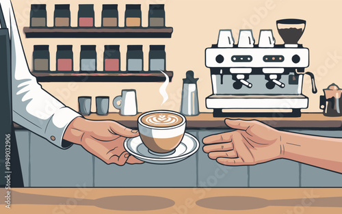 High-quality side view vector illustration depicting a professional barista serving a freshly brewed latte with intricate latte art to a customer at a modern, bustling coffee shop counter