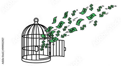 Money escaping from open birdcage in minimalist line art with green bills flying out in dynamic motion for finance freedom Isolated on white background