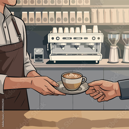 Barista's hands serving a beautifully crafted latte to a customer in a modern coffee shop, a vibrant vector illustration depicting warm cafe service