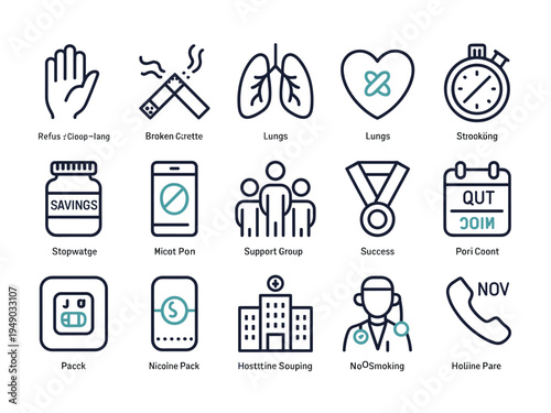 High-quality monoline vector icons set for health, wellness, and medical themes, including first aid, lungs, and quit smoking