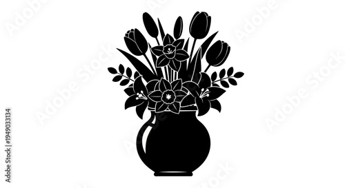 Bouquet of Spring Flowers in Vase Silhouette Isolated