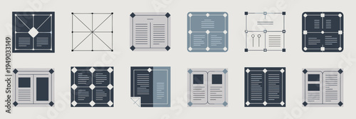Typography grid and magazine layout icon set – Great for publishing workflows, graphic design tools, or layout guides.