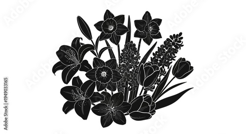 Blooming Spring Flowers and Daffodils Silhouette