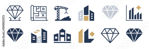 Modern architectural planning icon set – Suitable for real estate development, property markers, or building design tools.