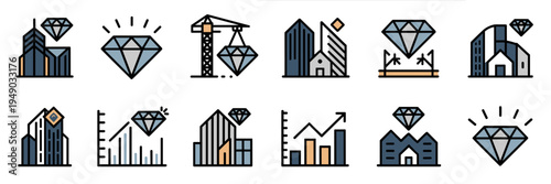 Luxury real estate development icon set – Ideal for property investment, architectural planning, or construction branding.