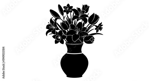 Spring Flowers Bouquet in Vase Silhouette Isolated