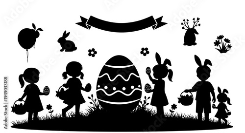 Easter Silhouette with Children Giant Egg and Ribbon Banner