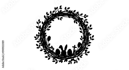 Easter Floral Wreath Silhouette with Hidden Bunnies