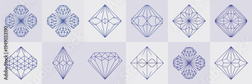 Crystalline fractal geometry icon set – Suitable for tech-forward design, mathematical symmetry, or abstract patterns.