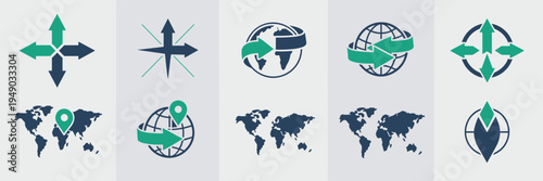 World map and global navigation icons – Suitable for international expansion, travel routes, or global business.