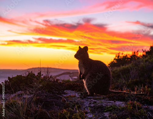 Experience natures serenity with this stunning quokka silhouette against a vibrant sunset sky. A perfect metaphor for peace and freedom, ideal for travel blogs and conservation projects.