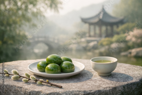 Qingming Festival offerings with qingtuan green rice balls tea and willow branch on stone memorial in misty Chinese garden honoring tomb sweeping day ancestral remembrance spring
