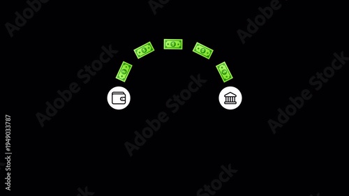 Digital payment transfer from wallet to bank animation on transparent background, Online money transfer animation with alpha channel