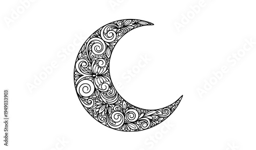 Intricate filigree crescent moon decorative Islamic ornament vector illustration