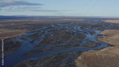 Aerial view of a braided river system in an Icelandic glacial plain