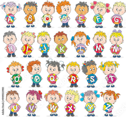 Happy little schoolboys and schoolgirls friendly smiling and holding colorful alphabet balls, a set of vector cartoon illustrations on a white background