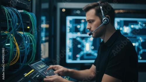 Operator verifying call quality on a headset while monitoring SIP trunk redundancy setup with softfocus cables and screens behind.