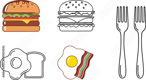 Food and dining illustrations featuring burgers egg bacon and utensils