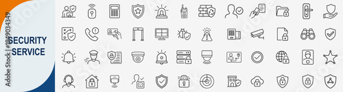Security service and protection system icons set, outline symbols for home surveillance safety monitoring private guard and digital defense vector illustration