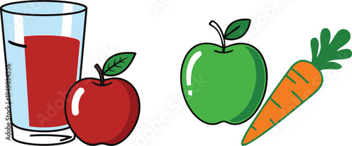 Fresh healthy juice and fruits and vegetables illustration