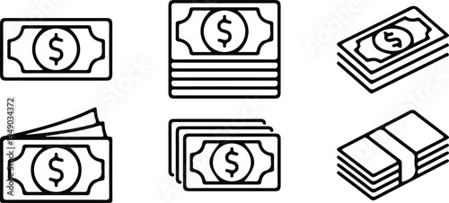 money cash dollar sign finance bill payment currency black outline icons set vector illustration design collection 