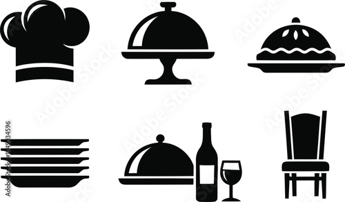 Restaurant and dining icons in black silhouette on white background